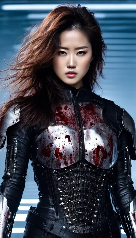 Female warrior in half-machine, covered in stab wounds, bleeding.
Physically lithe and beautiful terminator, runway female model...