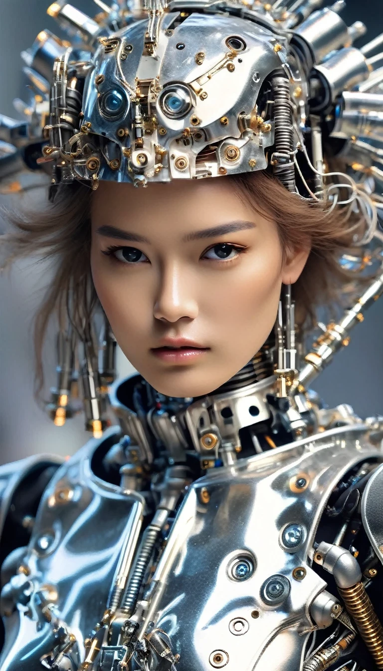 mannequin de défilé féminin Terminator, souple et magnifique, vêtu d&#39;une tenue robotique, détail photographique, Angura Kei, modèlecore, réalisme flou, de beaux cheveux ébouriffés, armure en plastique transparent, teint naturel parfait, hyperbole, précisionniste -