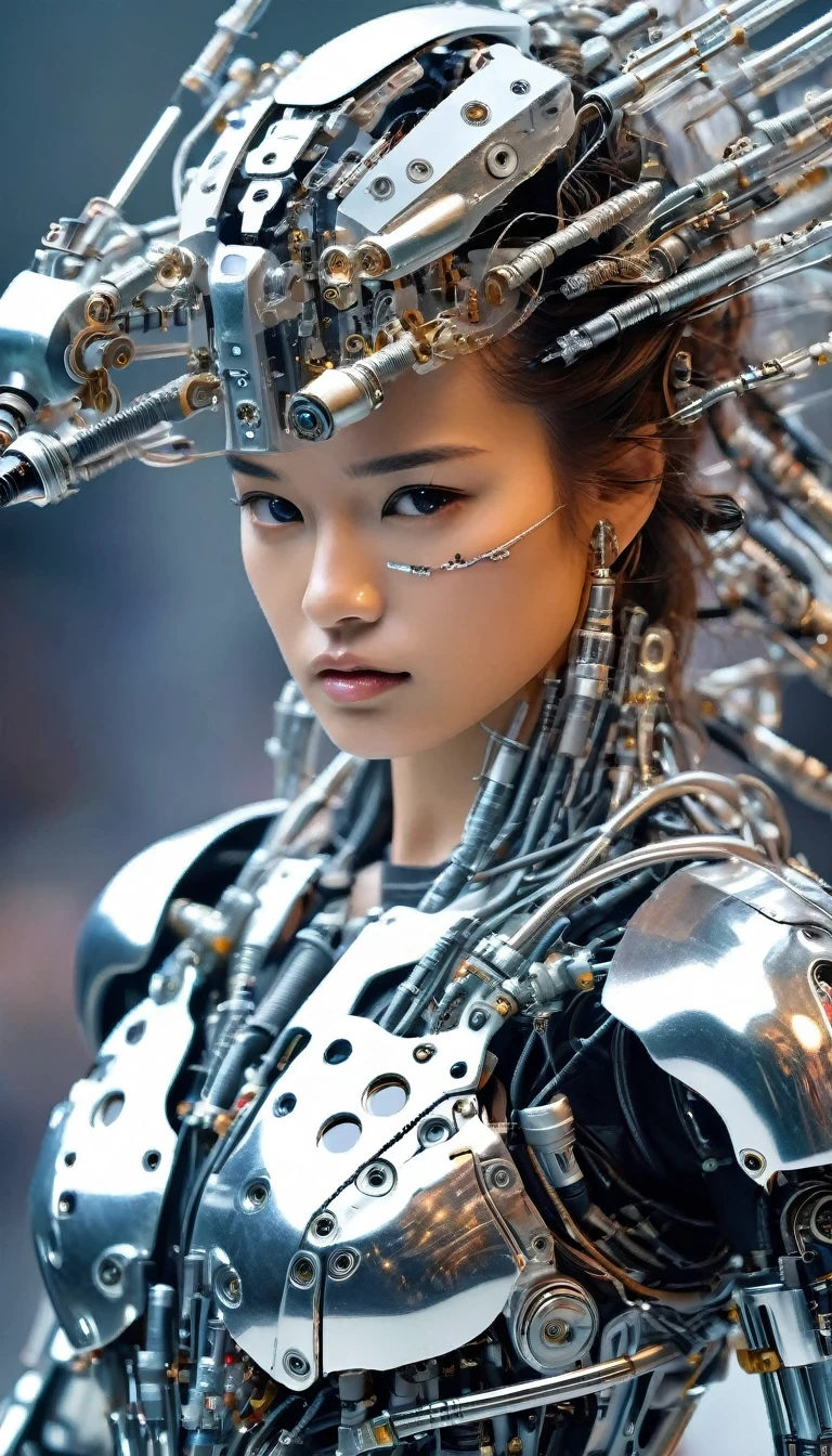 mannequin de défilé féminin Terminator, souple et magnifique, vêtu d&#39;une tenue robotique, détail photographique, Angura Kei, modèlecore, réalisme flou, de beaux cheveux ébouriffés, armure en plastique transparent, teint naturel parfait, hyperbole, précisionniste -