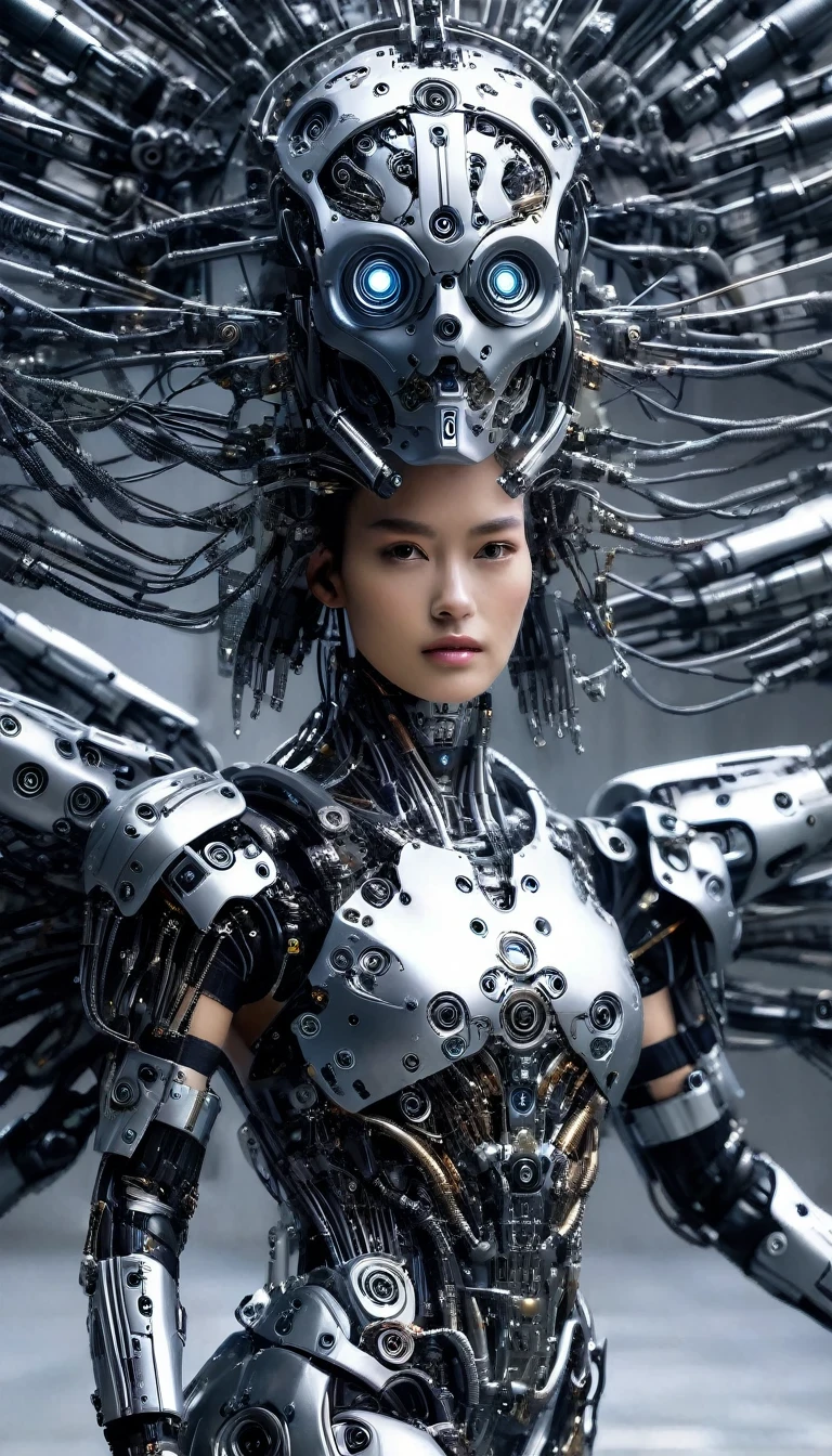 geschmeidiges, schönes weibliches Terminator-Laufstegmodel in einem Roboter-Outfit, Fotografischer Ausschnitt, Angura Kei, Modellkern, Weichzeichner-Realismus, zerzauste schöne Haare, durchsichtige Kunststoffpanzerung, perfekter natürlicher Teint, Hyperbel, Präzisionskünstler -
