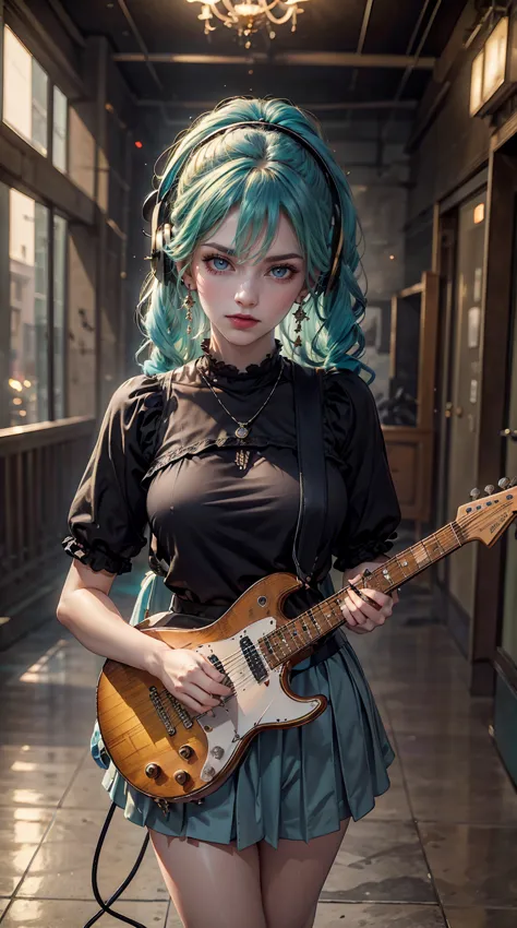 ((masterpiece, highest quality))one girl, alone, black dress, blue eyes, electric guitar, guitar, headphones, double ponytail, h...