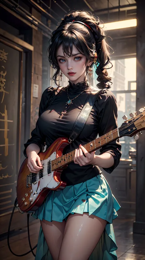 ((masterpiece, highest quality))one girl, alone, black dress, blue eyes, electric guitar, guitar, headphones, double ponytail, h...