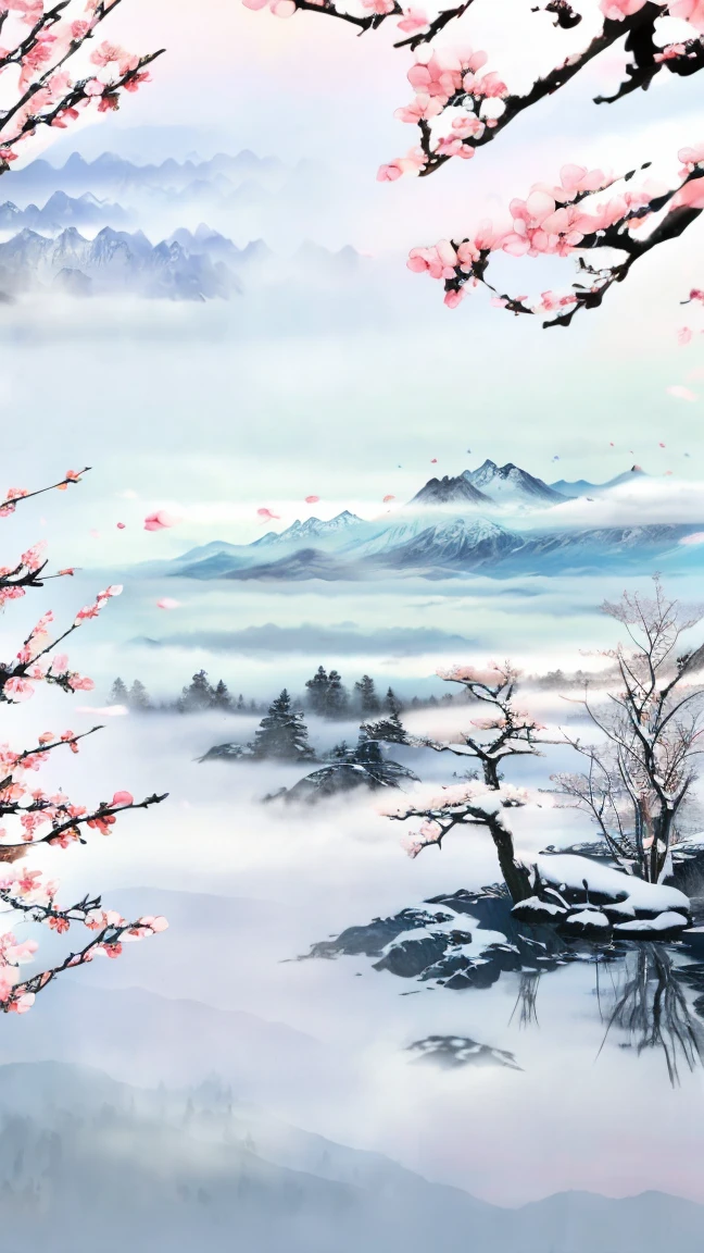 Flowers, snow, Mountains, Trees, Branches, soloist, Cherry blossoms, mist, landscape, 