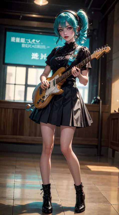 ((masterpiece, highest quality))one girl, alone, black dress, blue eyes, electric guitar, guitar, headphones, double ponytail, h...