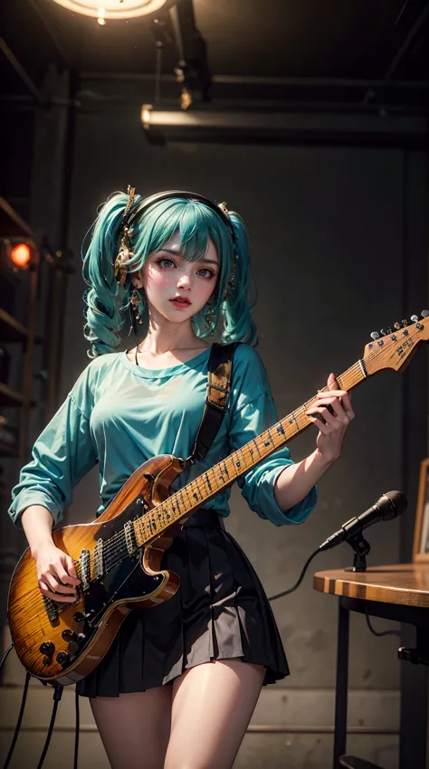 ((masterpiece, highest quality))one girl, alone, black dress, blue eyes, electric guitar, guitar, headphones, double ponytail, h...