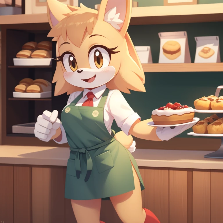 Vanilla the rabbit wearing in an apron, running a pastry café.