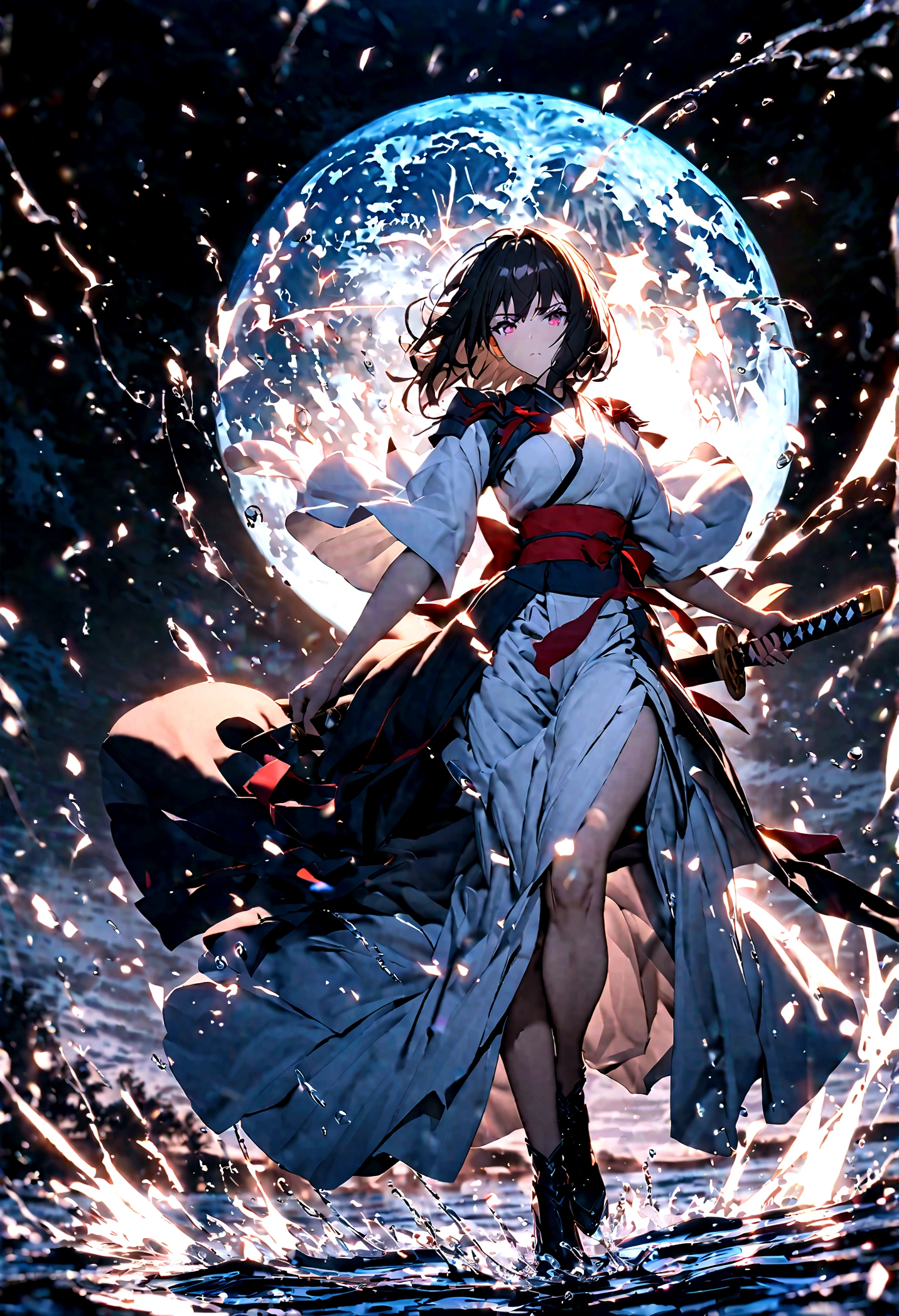 the garden of sinners，ryougi shiki，female，white kimono，short flowing black hair，look back sideways，stand on the lake，wielding a katana，make a splash，full body，moonlit night, massive moon，a firm and soft look，cool colors，blue and white，best picture quality，uhd，virtual engine，octane rendering，bloom, details，ambient light shading，depth of field effect, kirlian photography