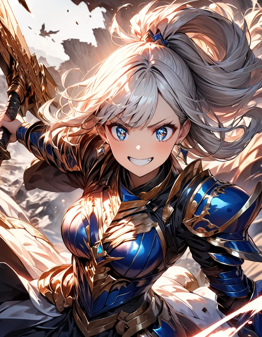 (highest quality:1.2, Very detailed, up to date, Vibrant, Ultra-high resolution, High Contrast, masterpiece:1.2, highest quality, Best aesthetics), (((1 girl))), Woman wielding a large sword, Luxurious Armor, Flowing hair, intense expression, Intense battle scenes, Dramatic lighting, Bright colors, Powerful strokes, Silver Hair, High Ponytail, Wavy Hair, blue eyes, jewelry, Earrings, (((Expression of fine eyes:1.2, Beautiful Skin, Detailed facial expressions))), Flowing hair, (Crazy Smile, Sparkling eyes), Heroic figures, Detailed armor and weapons, Dynamic pose, War-torn landscape background,whole body