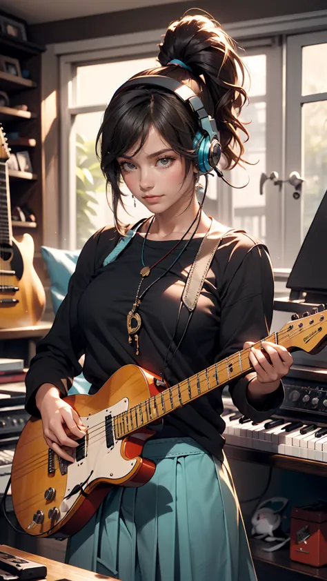 ((masterpiece, highest quality))One Girl, alone, Black Dress, blue eyes, electric guitar, guitar, Headphones, Double Ponytail, H...