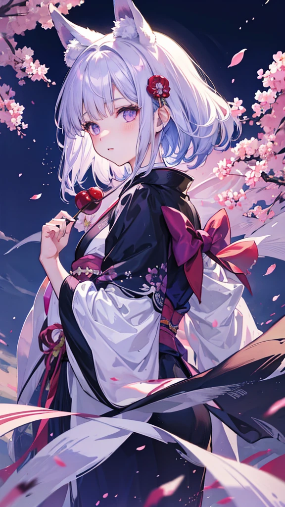 masterpiece, highest quality, highest quality, High resolution　Silver Hair　Fox ears　Beautiful boy　Purple Eyes　Black kimono　Upper Body　full moon　cherry blossoms　Hair blowing in the wind　