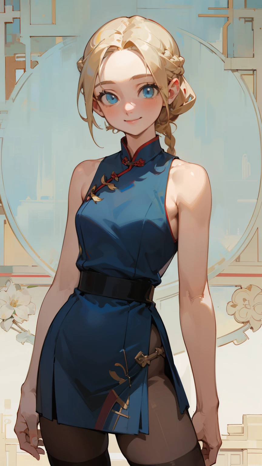 (masterpiece), ((best quality)), (super detailed), (beautiful eyes beautiful details eyes, Clean and delicate face), Single Braided blonde pony tail, parted bangs, forehead, blue eye, smile, wearing Luxury mini Cheongsam, Sleeveless, pantyhose, thighhigh, Alphonse Mucha