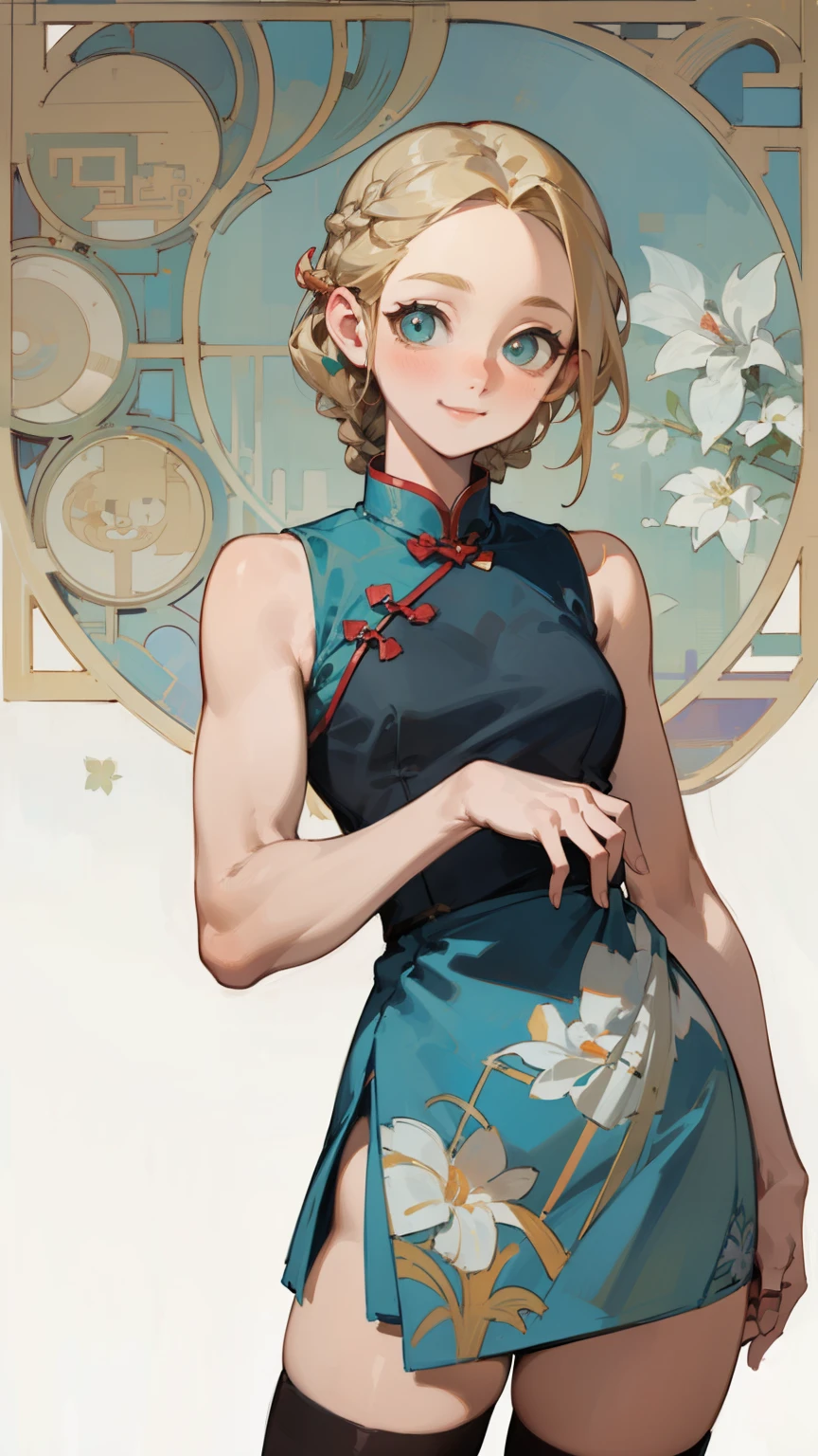 (masterpiece), ((best quality)), (super detailed), (beautiful eyes beautiful details eyes, Clean and delicate face), cowboy shot, Single Braided blonde hair, parted bangs, forehead, cool smile, white cheongsam, Sleeveless, black thighhigh, Alphonse Mucha