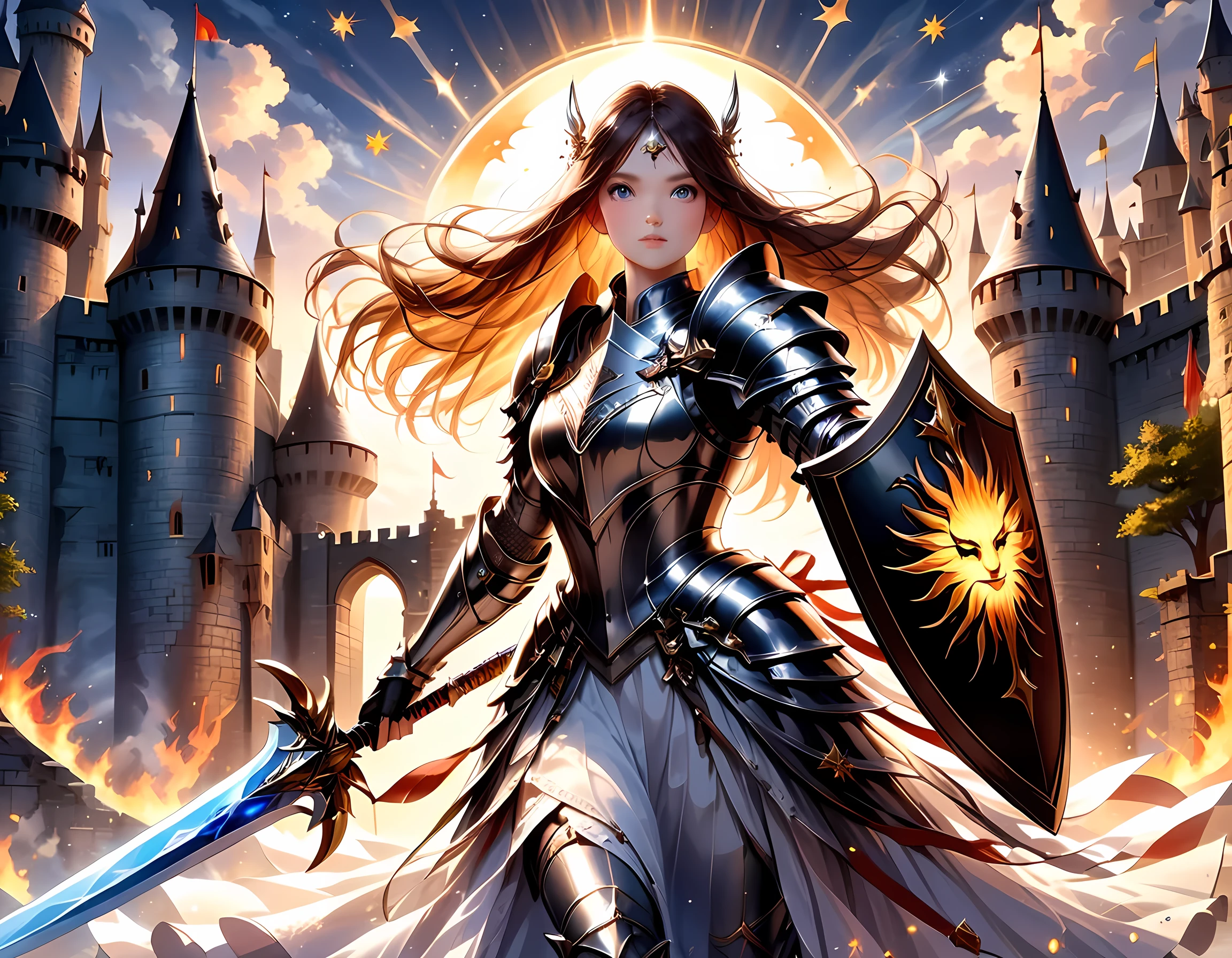 16k, ultra detailed, masterpiece, best quality, (extremely detailed), arafed, dnd art, panoramic view, full body, a single1 lady knight standing on the all of the castle as the sun rises, she is holding sword and shield, you see only the silhouette of knight, intense eyes, ultra feminine, ultra detailed face, (Masterpiece, intense details:1.5), (anatomically correct: 1.5), determined face, sky are switching day and night, the sun is rising, suns, some stars, rays of dawn, fantasy castle background, Wide-Angle, Ultra-Wide Angle, 16k, highres, best quality, faize, Sword and shield