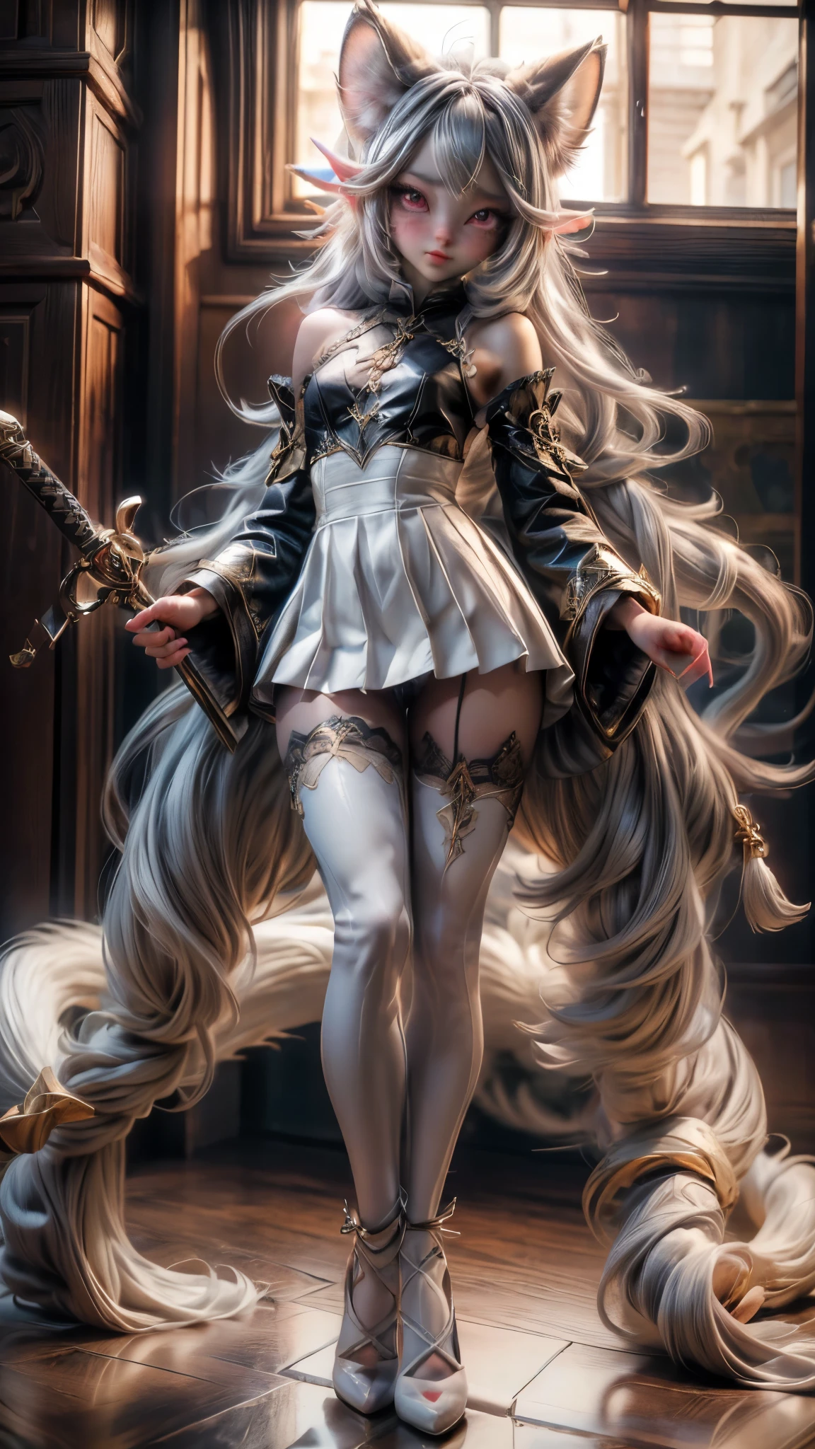 Full body photo of small girl（detail：1.4），(14-year-old beautiful girl:1.6),（in a panoramic view：1.2，full bodyesbian：1.2） Filtering anatomy correct，Erotic, perfectly proportions, adorable, Beautiful silky silver-gray hair, side braids hair, cat furry tail, maximum definition and sharpness,red eyes,(beautiful and detailed eye:1.3),(very happy:1) perfect face, gorgeous hair jewelry, cat-shaped headdress masterpiece, see-through White micro miniskirt clothes, (Gothic clothes :1.2), (furry anthro:1.7)(((body, features of girl, Features of the furry lower body animal ),look from under, leg raised up, silk white pantyhose, furry feet body animal, Jewelry feet, hight resolution、high-level image quality、8K、Real live-action、Raw photography、top-quality、​masterpiece、masutepiece 