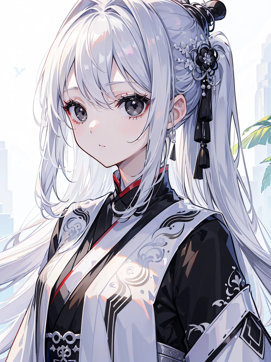 (Top image quality)、(Ultra Detailed)、(Facing forward)、top quality、masterpiece、(((1 名girl )))、、girl、Silver Hair、white hair、((Long hair))、(black eyes:1.6)、(Hanfu)