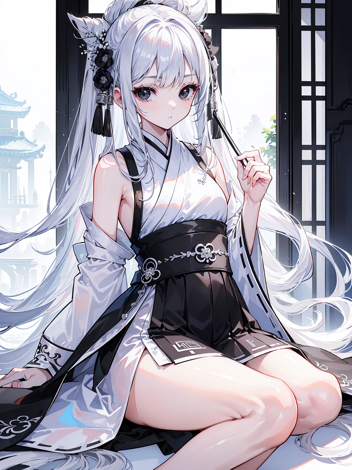 (Top image quality)、(Ultra Detailed)、(Facing forward)、top quality、masterpiece、(((1 名girl )))、、girl、Silver Hair、white hair、((Long hair))、(black eyes:1.6)、(Hanfu)