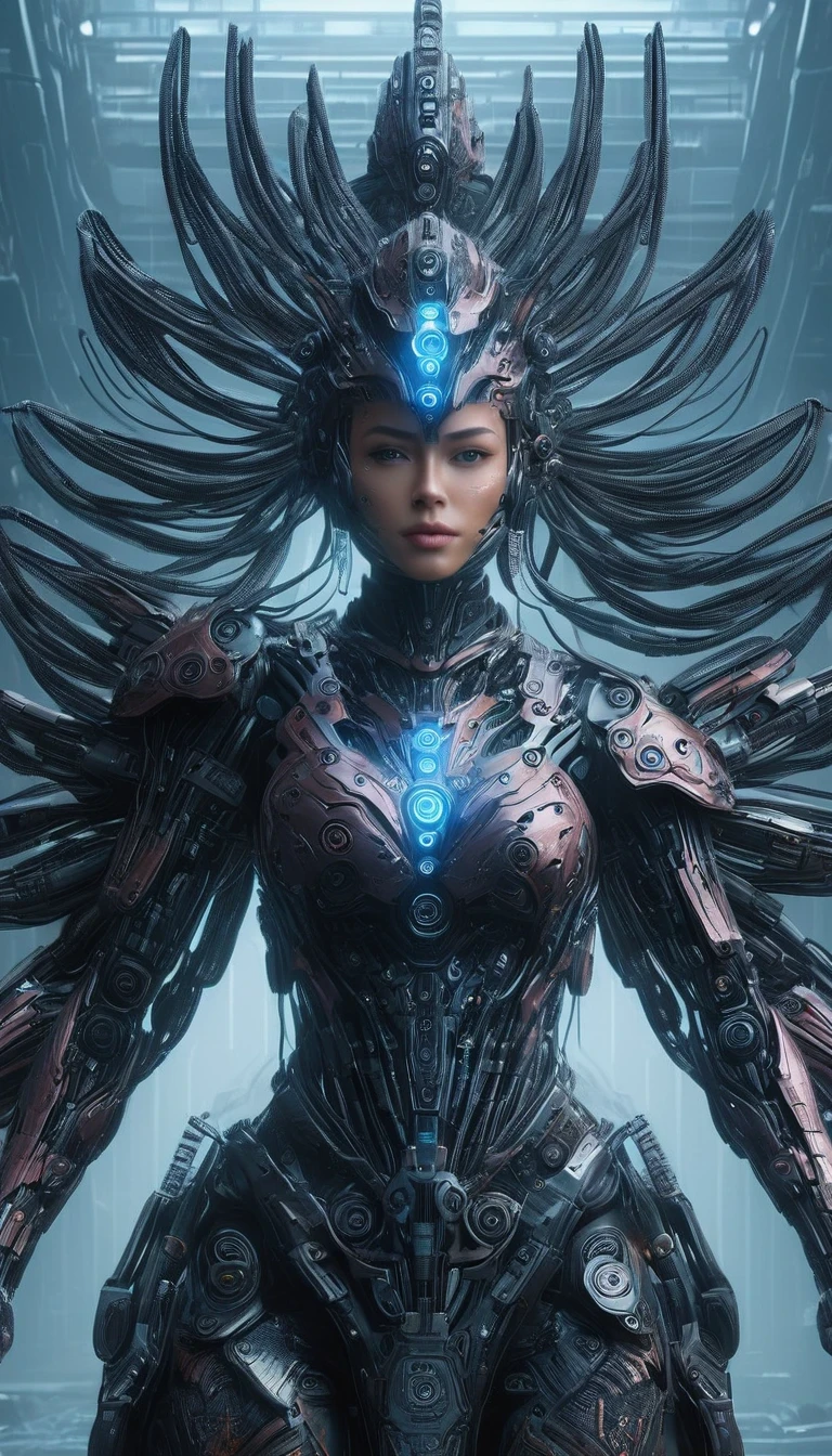 una mujer guerrera cyborg en un paisaje ciberpunk post-apocalíptico, cuerpo mecánico cibernético muy detallado, circuitos de energía azul brillante, armadura futurista avanzada, iluminación oscura y cambiante, atmósfera dramática de ciencia ficción, Trasfondo urbano distópico, sombras profundas, Paleta de colores cambiantes, obra maestra, 8K, Híper realista, Fotorrealista