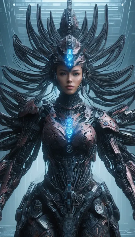 a cyborg woman warrior in a post-apocalyptic cyberpunk landscape, highly detailed cybernetic mechanical body, glowing blue energ...