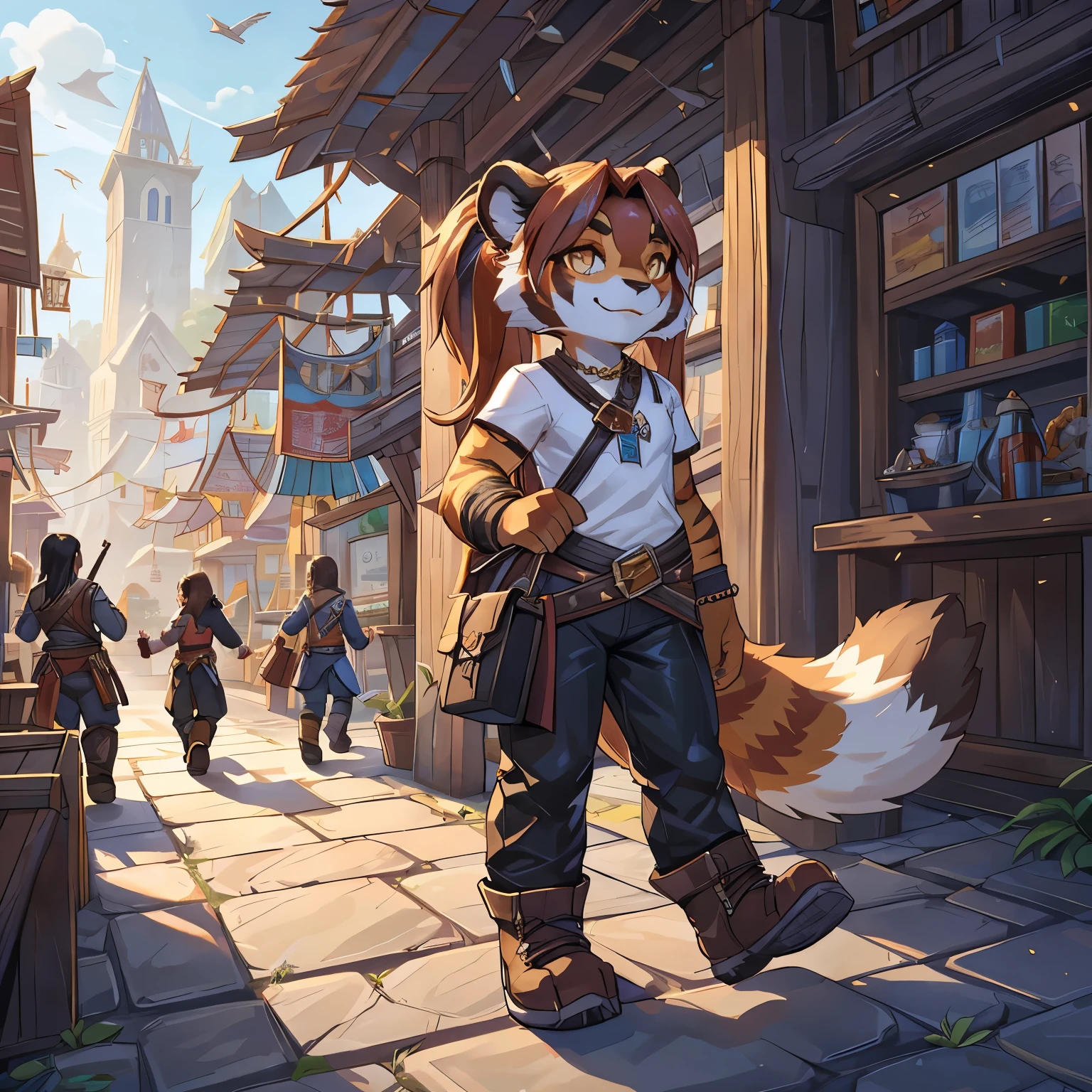 4fingers, small_round_ears, small_panda_ears, pandaren, world_of_warcraft, furry, anthropomorphic, fluffy_tail, foxtail, cfemale, claws, red_panda, tiger_stripes, tiger_face, flat_chested, shortstacK, short, amber_eyes, simple clothing, detailed_eyes, detailed_face, four_fingers, long_ponytail, waist_long_hair, plain_white_tshirt, leather_pants, leather_shoes, three_toes, no_jewelry, medieval_city, human_city, cobble_stone_road, messenger_bag,