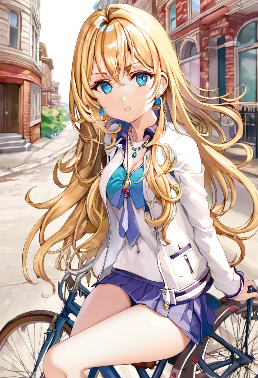 a girl sitting on a bicycle next to a building on a street, 1girl, jewelry, solo, ground vehicle, underwear, panties, bicycle, necklace, skirt, earrings, blonde hair, day, white panties, breasts, outdoors, realistic, long hair, jacket, pencil skirt
