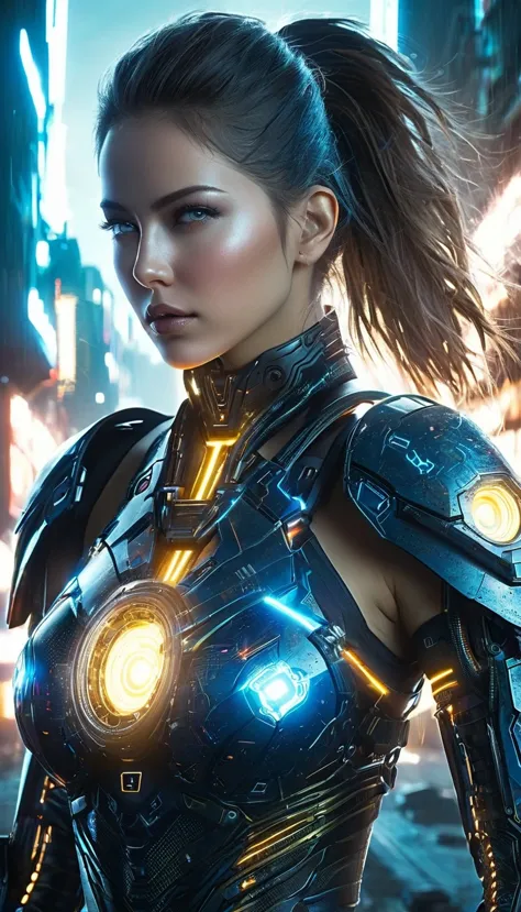 a cyborg woman warrior in a post-apocalyptic cyberpunk landscape, highly detailed cybernetic mechanical body, glowing blue energ...