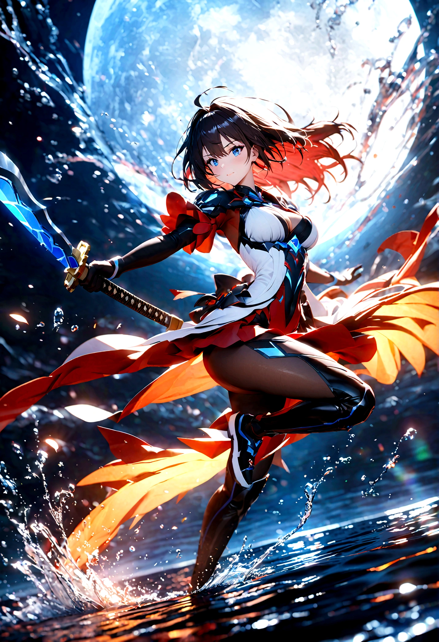 the garden of sinners，ryougi shiki，female，white kimono，short flowing black hair，look back sideways，stand on the lake，wielding a katana，make a splash，full body，moonlit night, massive moon，a firm and soft look，cool colors，blue and white，best picture quality，uhd，virtual engine，octane rendering，bloom, details，ambient light shading，depth of field effect, kirlian photography