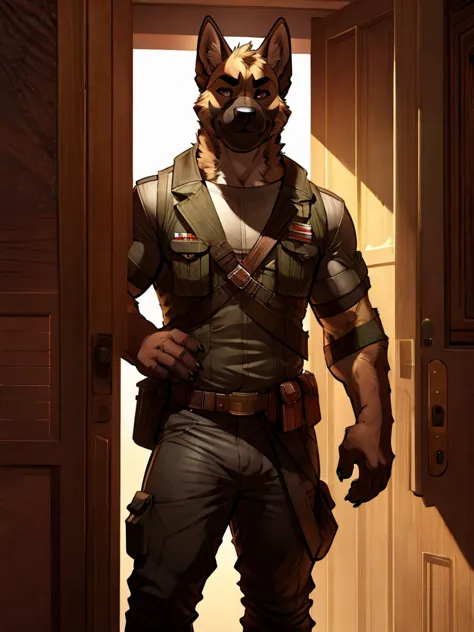 furry, anthro, german shepherd black:1.5, solo, male, standing with a AK 47 on the door looking slyly at the viewer:1.3, super d...