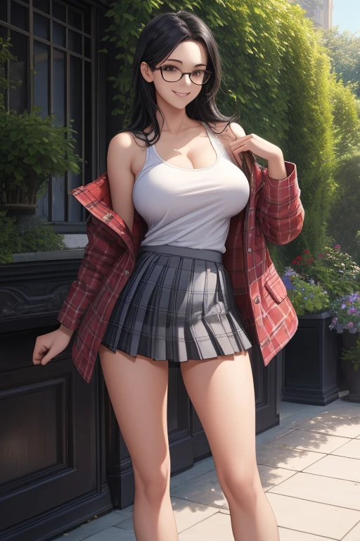 masterpiece, high quality, perfect face, beautiful face, droopy eyes, young lady, ((loose t-shirt, flannel jacket)), (short skirt, pleated skirt, white skirt), tall, sexy, gorgeous, gorgeous female, beautiful, hot, attractive, (happy:1.2, smile:1.2), (huge breasts:1.2), perfect round breasts, (small shoulders, skinny arms, skinny legs:1.2), perfect female body, looking away from viewer, standing, fancy, rich, luxury, prestige, rich woman, school, garden, intricate detail, delicate pattern, (black hair), very long hair, glasses, tiny sling bag