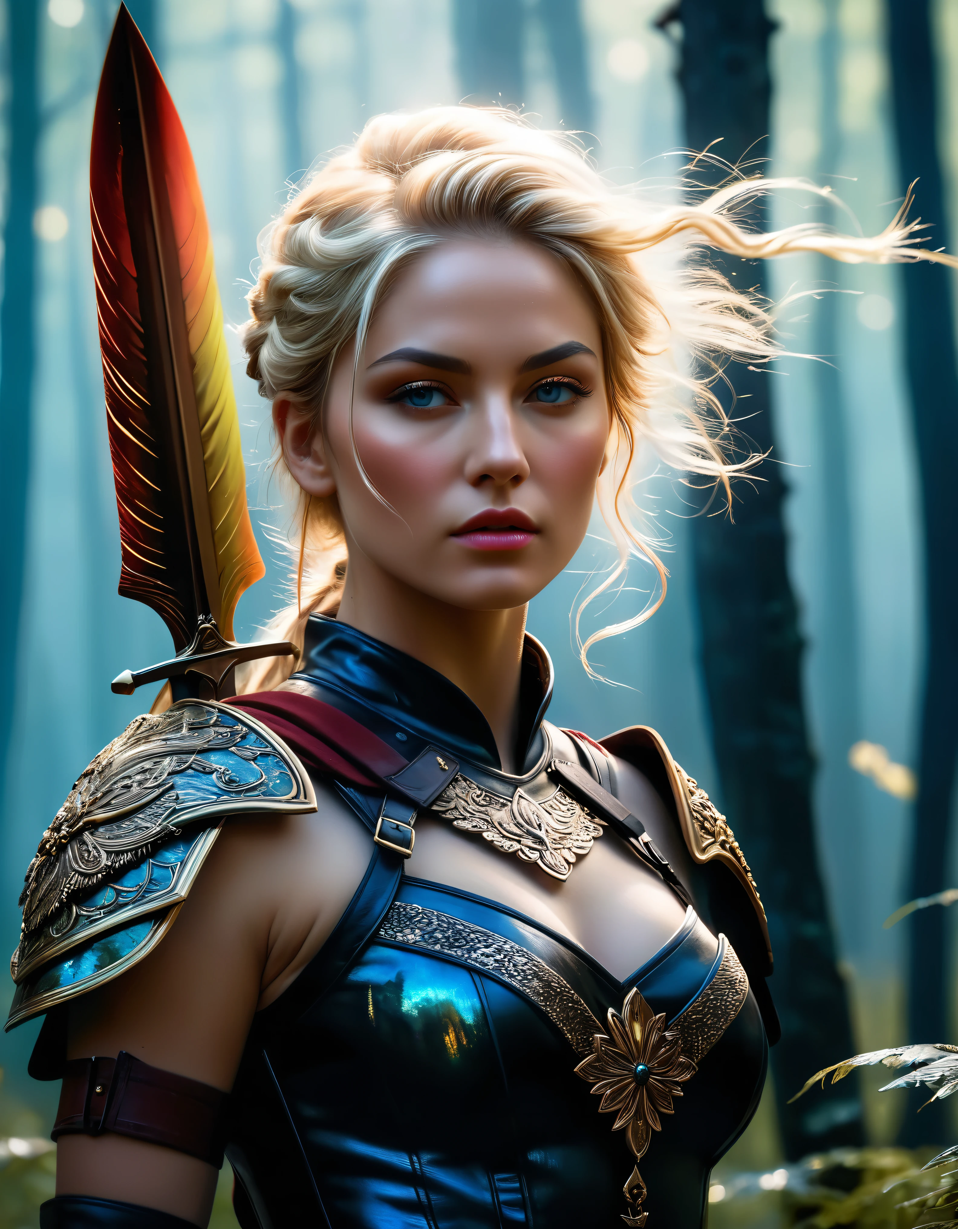 ((Masterpiece in maximum 16K resolution):1.6),((soft_color_photograpy:)1.5), ((Ultra-Detailed):1.4),((Movie-like still images and dynamic angles):1.3) | ((double contact):1.3), ((Fierce Blonde Female warrior silhoutte effect):1.2), ((Superimposed on Pretty Female):1.1)《dark forest sky》Agnes Cecile, Jeremy Mann, Oil and ink on canvas, fine dark art, super dramatic light, photoillustration, amazing depth, the ultra-detailed, iridescent black, superfluous dreams, intricately details, amazing depth, Amazing atmosphere, Mesmerizing whimsical vibrant landscapes, ((Female warrior aesthetic attire):1.2), Maximalism ((beautiful outside, Ugly inside, pressure and pain, beauty and despair, hard and soft, positive and negative, hot and cold, Sweet and sour, Vibrant but boring, Perfect harmony, light and shadows, old and young, Black and white, Corresponding color, loud and quiet, Chaos and peace, life and death):1.2) The complex masterpiece of a real-time engineering leader. | Rendered in ultra-high definition with UHD and retina quality, this masterpiece ensures anatomical correctness and textured skin with super detail. With a focus on high quality and accuracy, this award-winning portrayal captures every nuance in stunning 16k resolution, immersing viewers in its lifelike depiction. | ((perfect_composition, perfect_design, perfect_layout, perfect_detail, ultra_detailed)), ((enhance_all, fix_everything)), More Detail, Enhance.