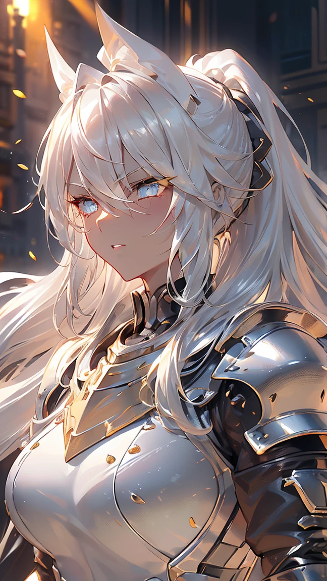 ((Blonde Hair)), Hair behind the ear, Long Hair, (Short Ponytail), Bloodshot eyes, Cinema Lighting, Bust Chart, retina, (high quality), Accurate, ((最high quality)), Perfect detail, ((Dark Skin, Sunburned skin)),16k, Medieval Knight, (Silver gloves, Silver Armor:1.3), (Large sword), dust scattering,