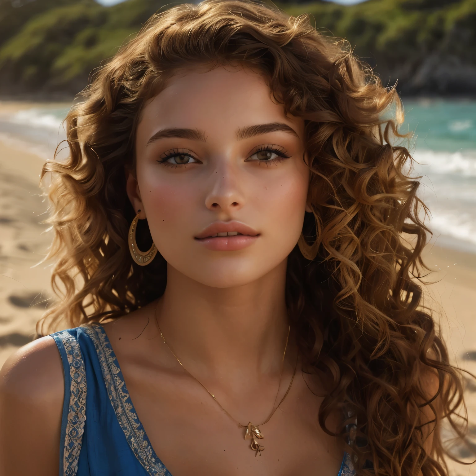 femme arafée aux curly hair et un collier sur une plage, Portrait de Sophie Mudd, beautiful model, curly hair, Venez au hammam, peau d&#39;olive, magnifique jeune mannequin, elle a la peau brun olive, Femme splendide, belle jeune femme, curly brown hair, very nice model, magnifique belle femme, magnifique visage latina, curly brown hair, peau olive impeccable  taille fine, beaux seins, highlight the neckline, culotte et soutien-gorge string smoll rouge mandarine, porte-jarretelles, the face is ultra realistic, femme sensuelle