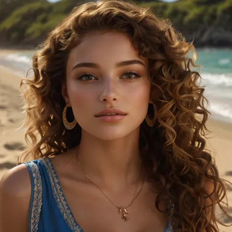 femme arafée aux curly hair et un collier sur une plage, Portrait de Sophie Mudd, beautiful model, curly hair, Venez au hammam, ...