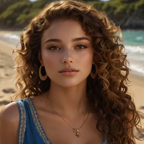 femme arafée aux curly hair et un collier sur une plage, portrait de sophie mudd, beautiful model, curly hair, venez au hammam, ...