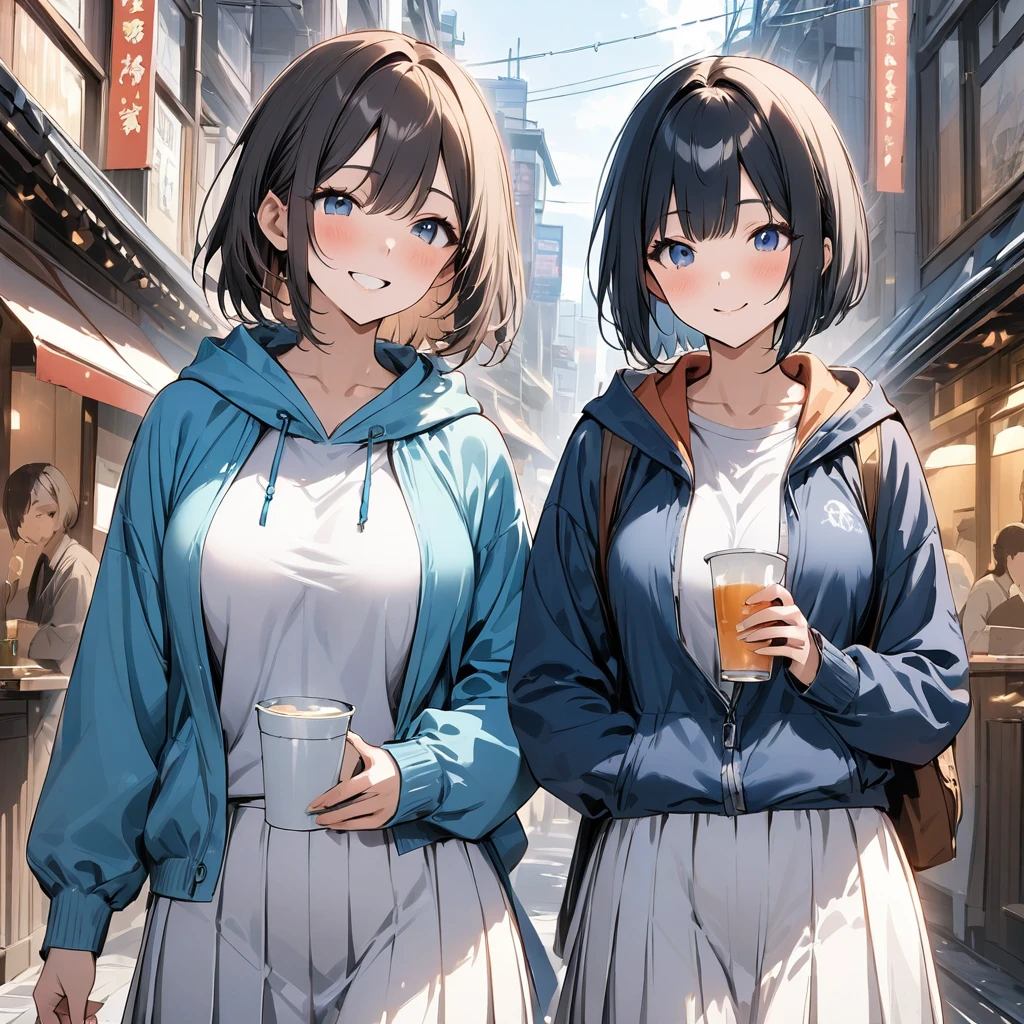 (masterpiece,best quality:1.2), (illustration:1.2),1 Married woman,45-year-old woman, Black Hair, Bobcut, , Normal size breasts, Blue hoodie, White Skirt, Downtown Japan、smile