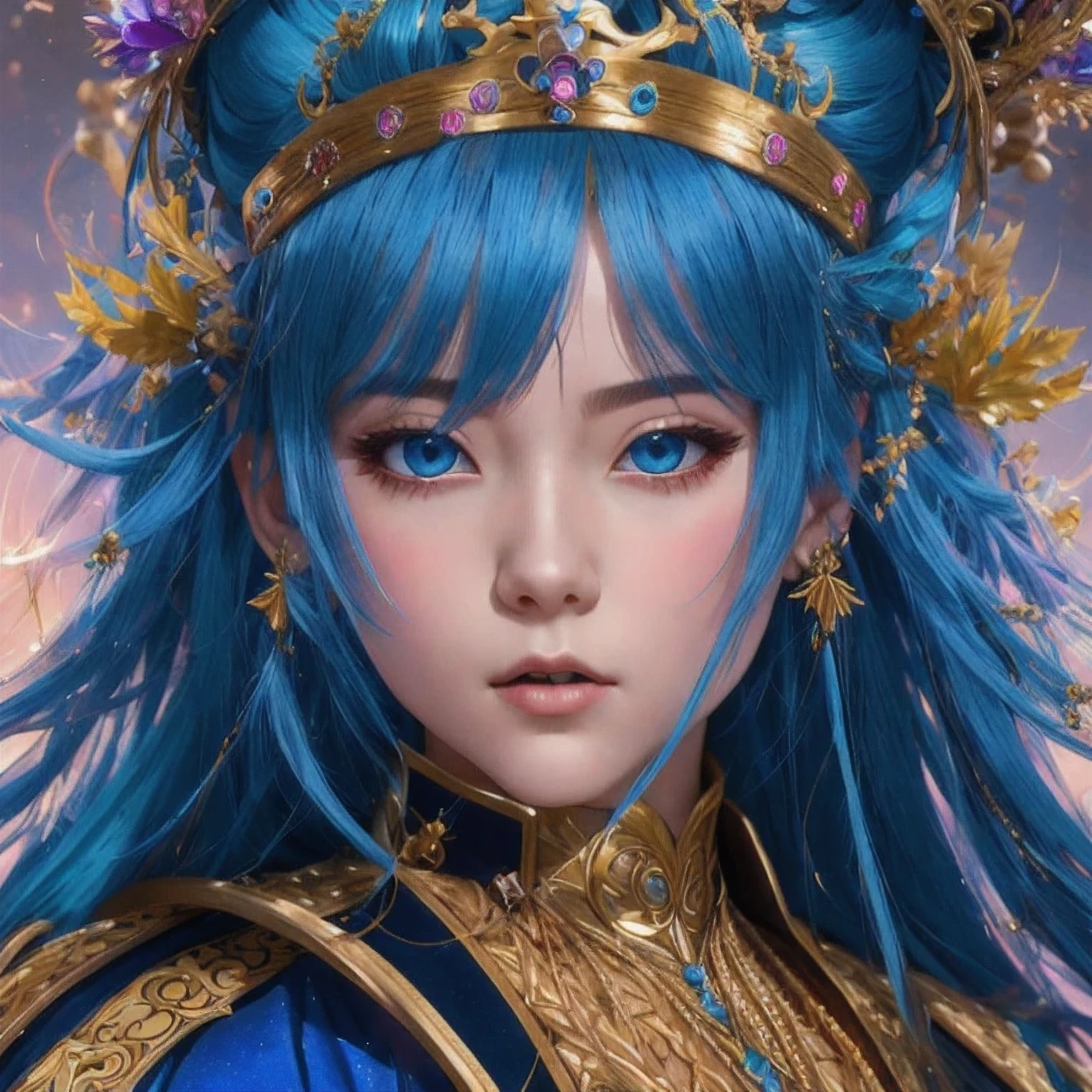 18 years old with blue hair wearing a gold crown and a blue wig, fantasy art style, ((a beautiful fantasy empress)), a beautiful fantasy empress, artwork in the style of Girl, azure. detailed hair, 18 years old, palace ， a girl in hanfu, beautiful celestial mage, anime girl with cosmic hair