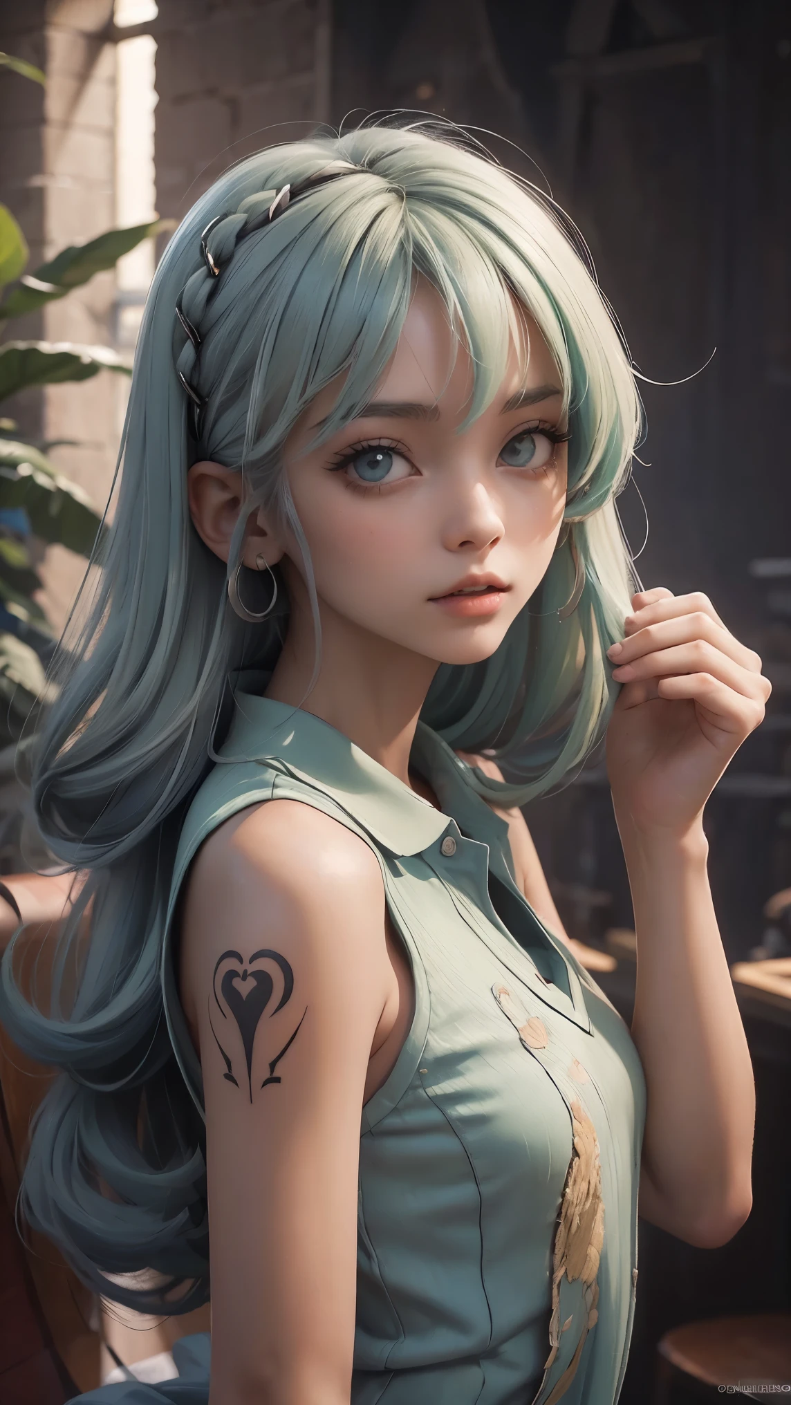 Hatsune Miku uma mulher com cyan hair, black short pleated skirt, Beautiful happy goddess, oriental style, Realistic digital artwork, full - length portrait, collegiate style, 1 girl, leek tattoo on arm, asymmetrical bangs on the forehead, range, cyan hair, franja na cyan head, ((Short silver jacket with polo collar)), cyan tie with 2 horizontal black lines on the tie, sideways, cyan hair, cabelo longo pigtails, bright light blue eyes, perfect lips, standing , leek tattoo, pigtails. Garota de cyan hair, garota de pigtails, bad luck in a flowery place, spark, spheres of light, movie poster, ((small pointy breasts)),perfect and delicate face