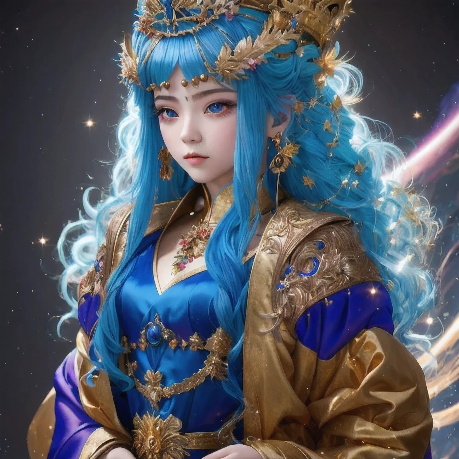 18 years old with blue hair wearing a gold crown and a blue wig, fantasy art style, ((a beautiful fantasy empress)), a beautiful fantasy empress, artwork in the style of Girl, azure. detailed hair, 18 years old, palace ， a girl in hanfu, beautiful celestial mage, anime girl with cosmic hair