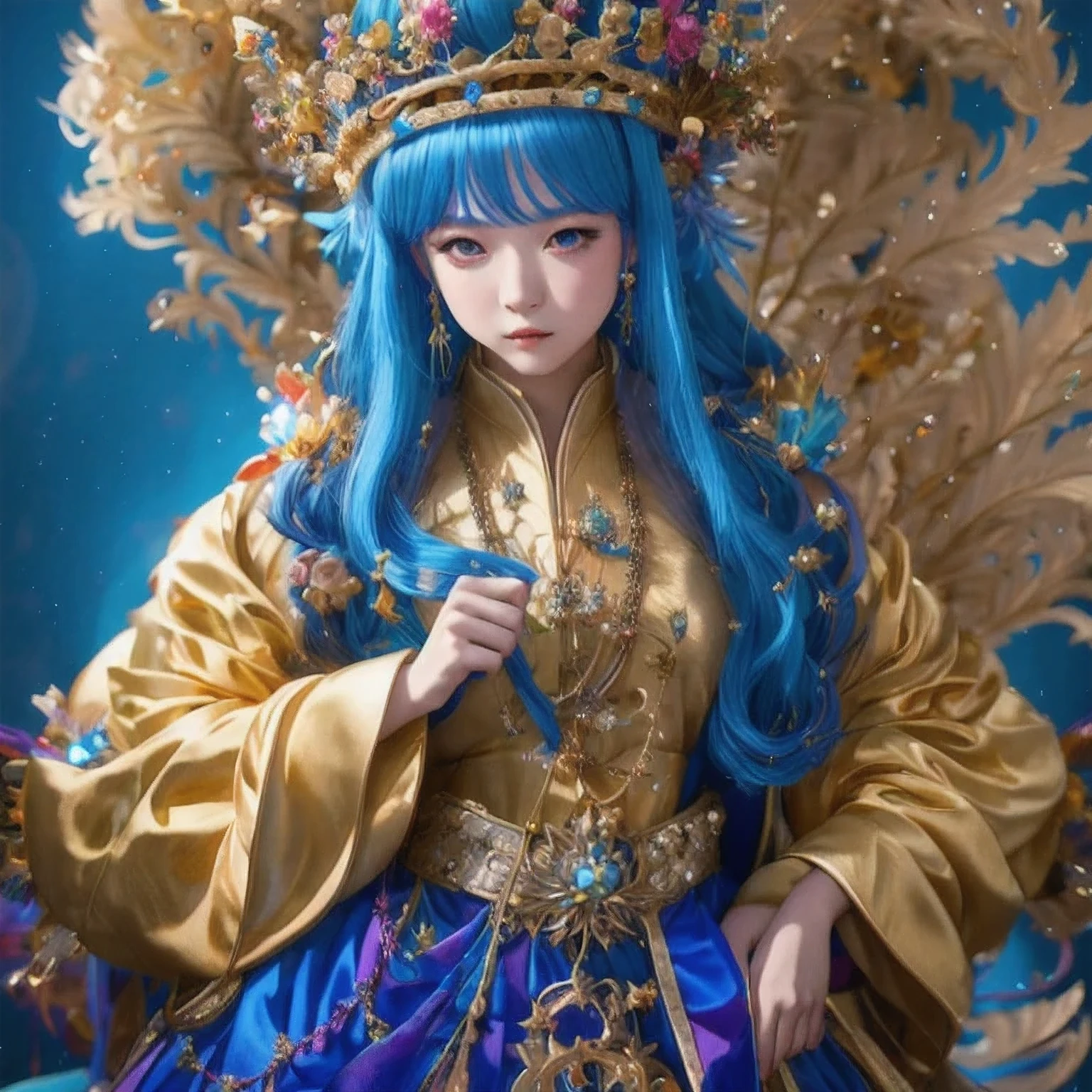 18 years old with blue hair wearing a gold crown and a blue wig, fantasy art style, ((a beautiful fantasy empress)), a beautiful fantasy empress, artwork in the style of Girl, azure. detailed hair, 18 years old, palace ， a girl in hanfu, beautiful celestial mage, anime girl with cosmic hair