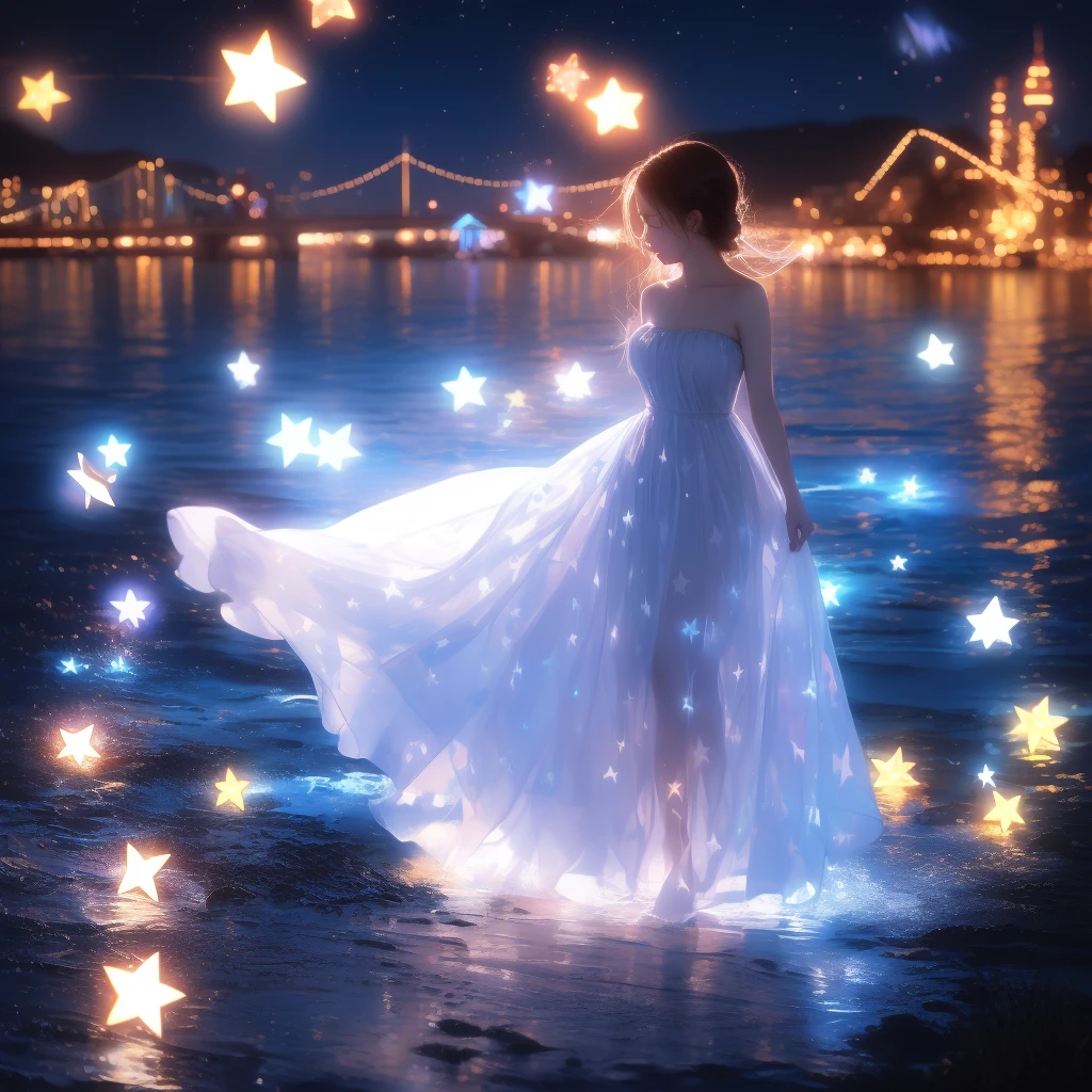 xcdd,One girl,alone,dress,water遊び,star \(symbol\),Long Hair,Skirt Hold,water,white dress,Exposing shoulders,null,night,Shine,Are standing,profile,Bare arms,Shine,Strapless,Braiding,star \(null\),Strapless dress,View Viewer,Outdoor,night null,(masterpiece, 最high quality, high quality, High resolution, Super detailed),