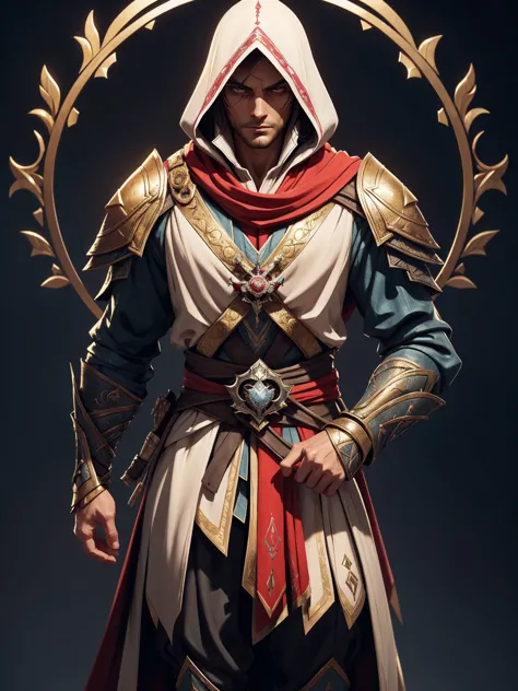 ezio auditore da firenze (assassin's creed character) in a stoic pose; ((traditional assassin's creed outfit)); standing; ((assa...