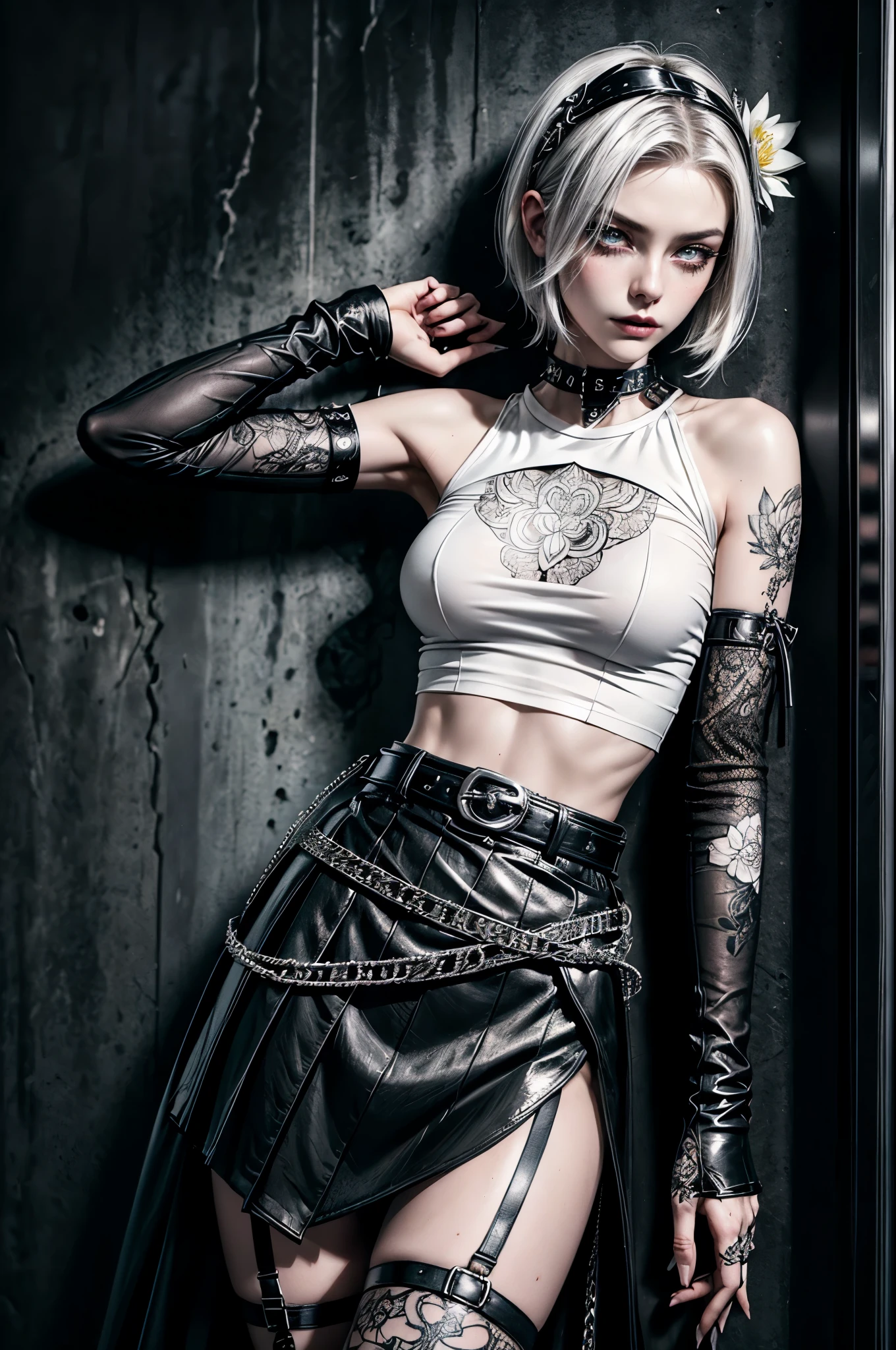 (Detailed illustrations, Very detailed and detailed drawing, Delicate lines with slow and rapid, Realistic texture expression), One woman with very short white hair with black tips, ( emo hairstyle, ), goth, pale white skin, evil smirk, (girls bedroom background), dark lighting, cold atmosphere, lore_Emma , pink eyes , dark eyeliner, (ultra dark glossy black lipstick), bored expression, gorgeous face , super cute, 18 years old , hyper detailed face, (super skinny figure , medium breast, thin waist), back leaning against wall, slim legs, slim hips, LowriseXL, (ultra low rise wet look shiny leather skirt with transparent flower pattern), (mesh shirt with flower pattern under (white transparent loose silk t-shirt) with bare shoulders), black choker, vulva tattoo, black hairband, (white lotus flower in hair), ((flower pattern tattoo)), fingerless leather gloves, (black nail polish), faded tattoo's, ((thigh belt)), ((hip chains)), ((belt hanging on hip)), ((many studded belts)), (((right arm back against wall))), (((left hand behind head)))