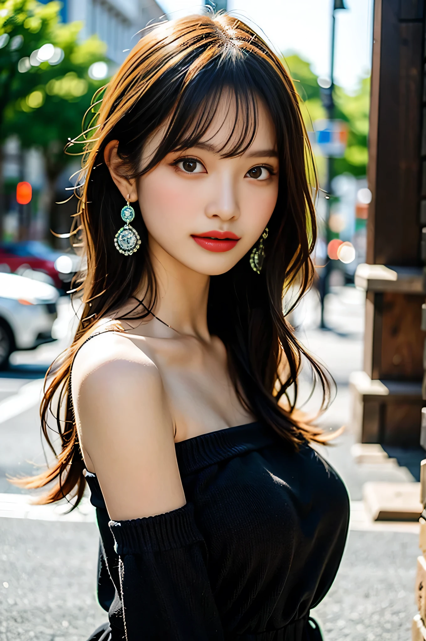 Beautiful 24 year old woman, Popular Models,Off the shoulder,Knit dress,In town,slender, Illuminates the whole body, Beautiful double eyelids,Earrings, bracelet