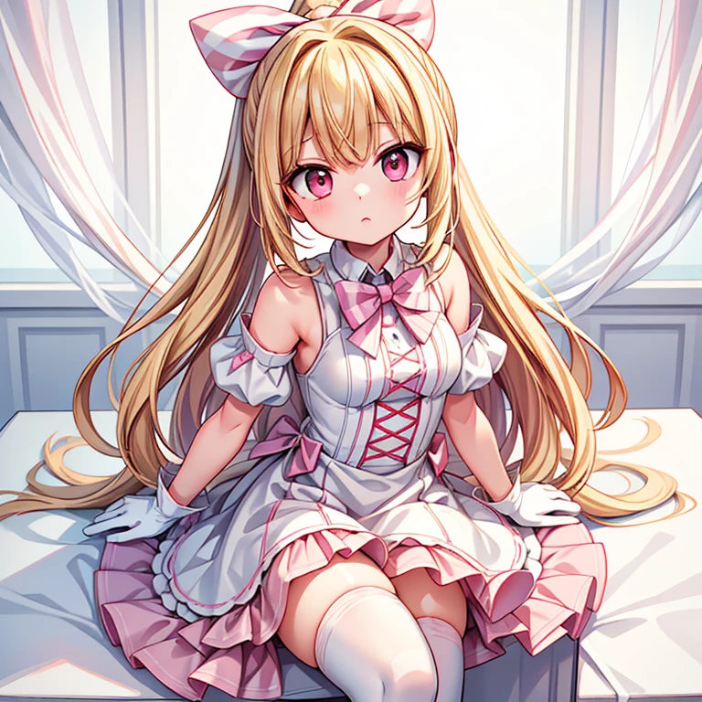 A young girl, with blonde hair, red eyes, bangs and ponytail, sitting on a chair in the center of a white room, wearing a pink dress, white and pink striped thigh highs, white shoes, arm decorations, bowtie, and white gloves. High detail on the face and the outfit, bright lighting, high resolution, sharp rendering.