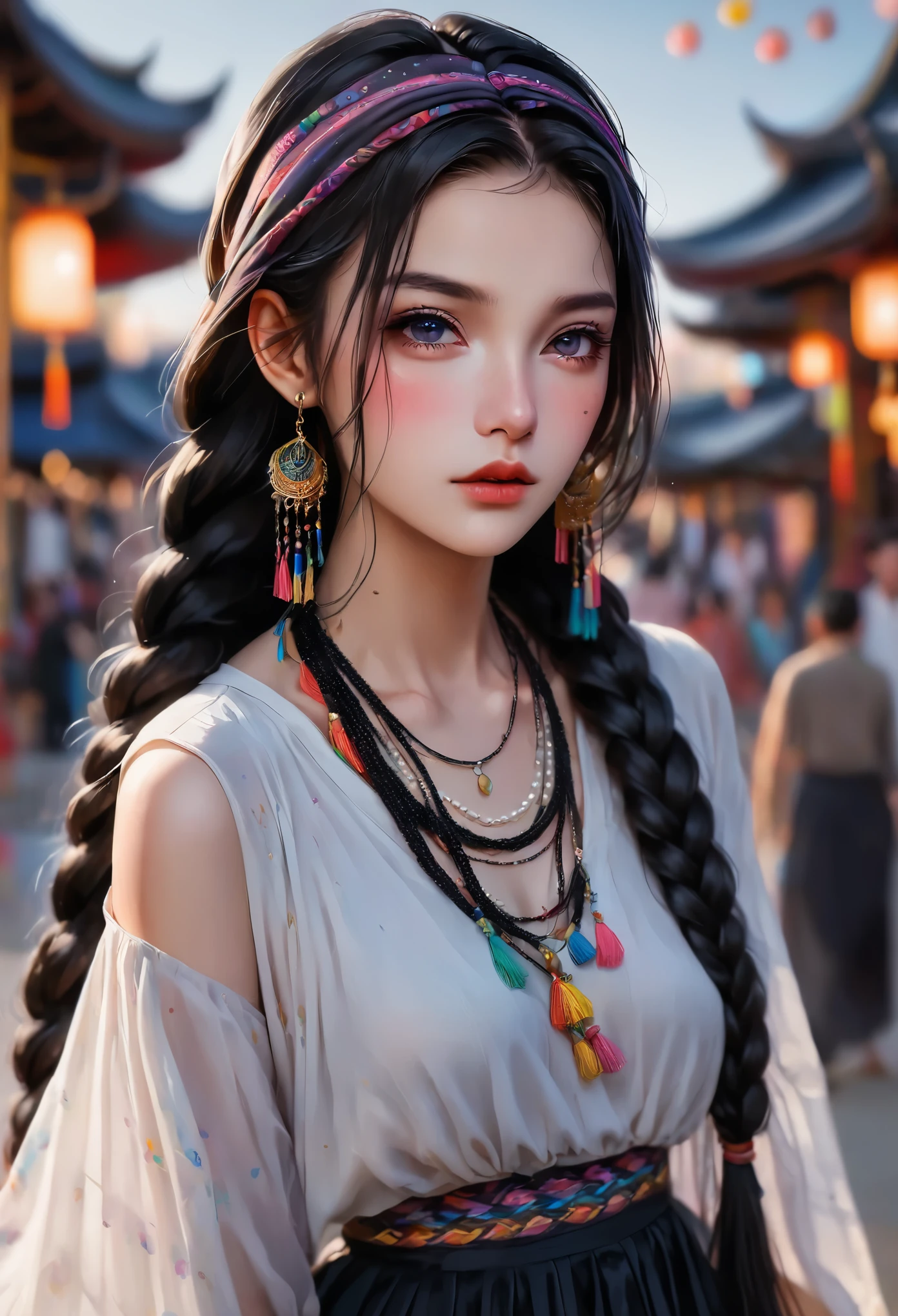 1 Girl，portrait，minority服饰，Thin waist，Long skirt，flowing long black hair，Colorful braids，Hair shine，Wearing a headscarf，minority，Skin details，Beautiful facial features，Exquisite makeup，Exquisite eyes，Eye details，Dark eyeshadow，small freckles，Pearl necklace，Shoulder，arm，blur background，