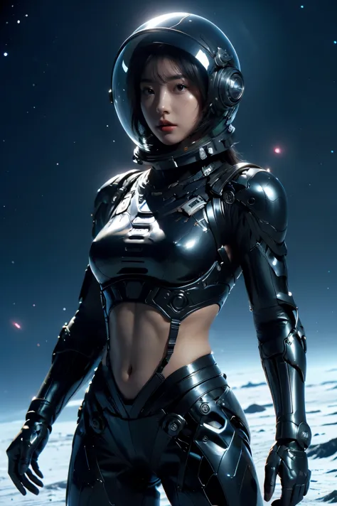 a girl in spacesuit, fully exposed midriff, bare waist,cowboy-shot, in outer space, desolate alien cold planet, Frosted，transpar...