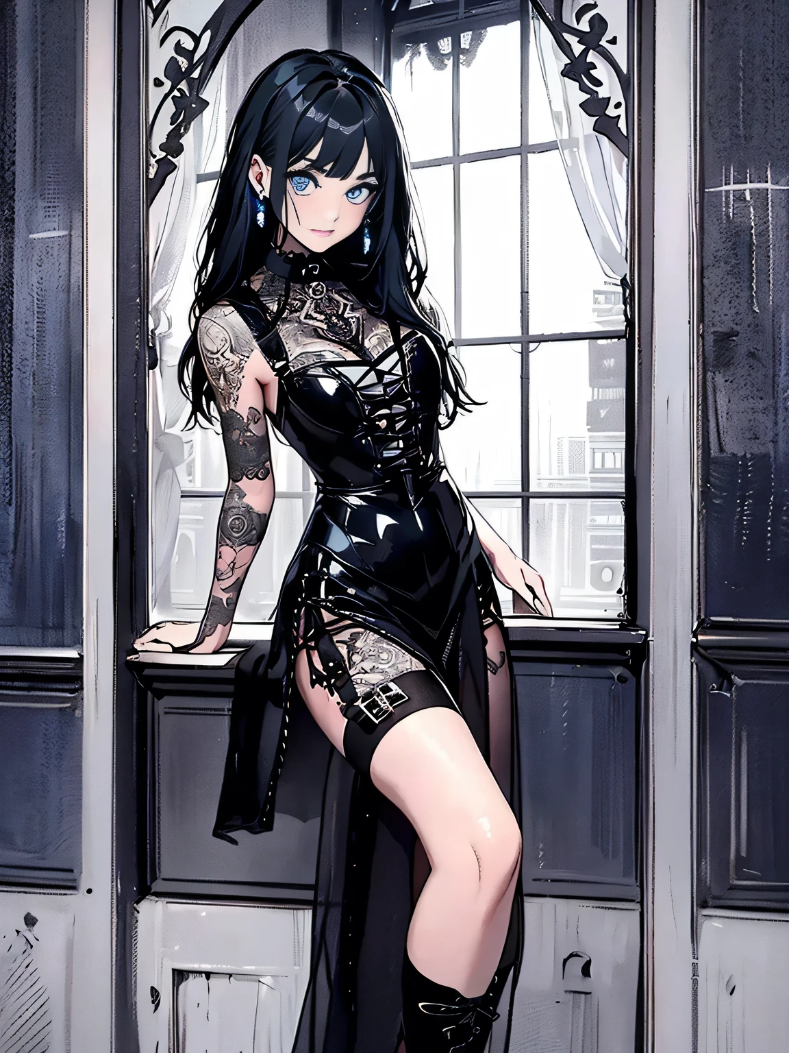 high resolution、8k、oil、1 Girl、18 years old、solo、Slim body、Gothic Lolita Fashion、Gothic Western-style buildingのホールに立っている、Cowboy Shot、Watching the audience、(Blue Eyes、Slit eyes、Dark eyeshadow:1.3)、Silver straight long hair、Trimmed bangs、Smile、Ear piercing、choker、((Black and white gothic corset dress、Gothic decorated dress、Tulle lace、Black Ribbon、Tattoo on arm、bandage、Torn striped stockings、Patent leather high heel boots))、((Gothic Horror、Terror、skull、Rose、Gothic Western-style building、Murder scene))、Dynamic Angle、