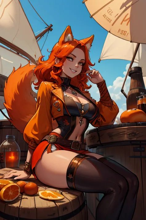 A orange haired fox woman with copper eyes and an hourglass figure and orange fox ears and an orange foxy tail in a pirate outfi...