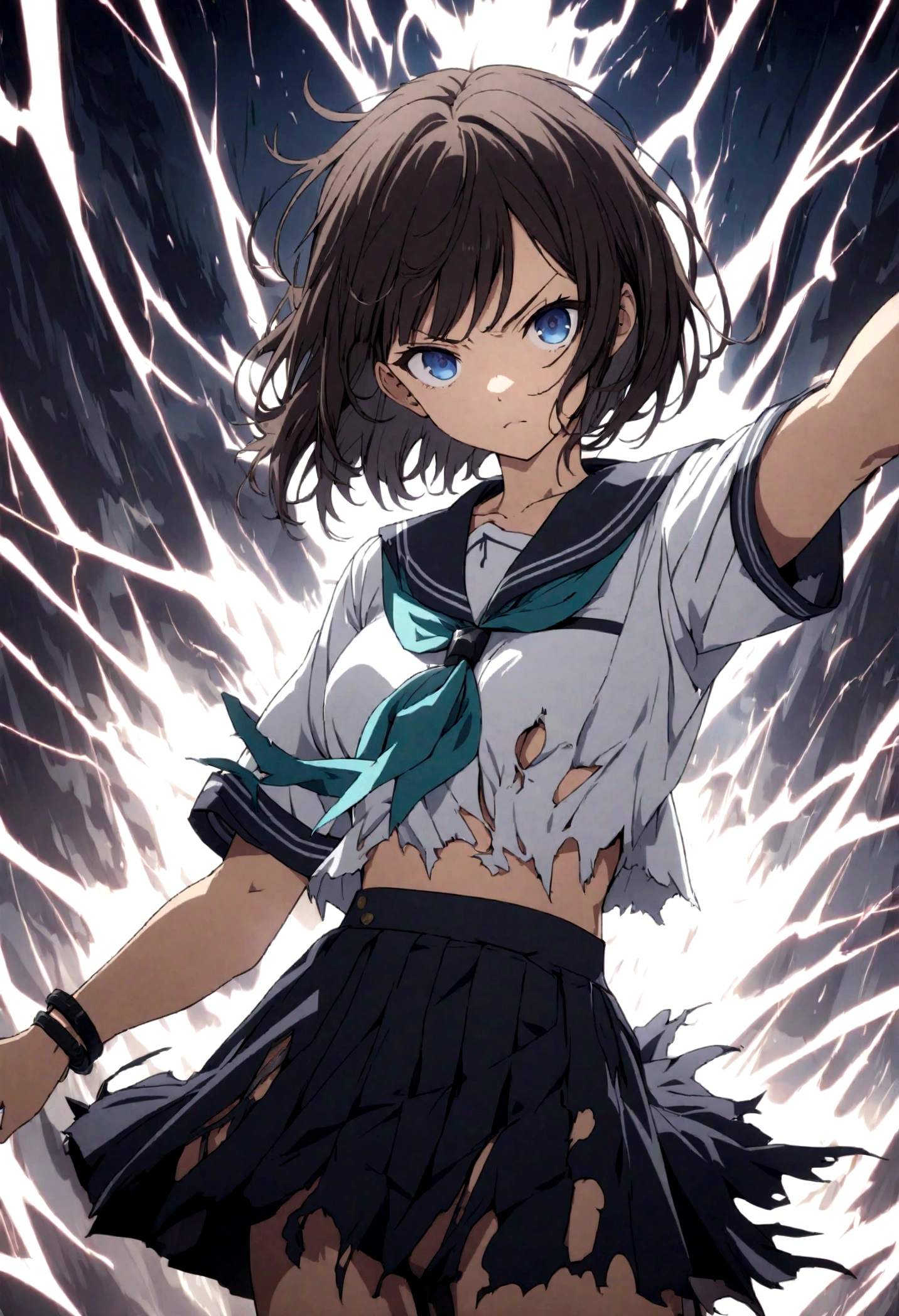 1girl, original, (solo:1.1), standing, raised fist,
surrounded by electricity, enveloped by electricity, dynamic scene,
cowboy shot,medium breasts, intricate dark brown hair, blue eyes,
(bob cut:1.1), (short hair:1.1), (blunt ends:1.2), blunt bangs,
left swept bangs, futuristic black bracelet on right wrist,
serious, determined, powerful, brave, dominant, v-shaped eyebrows,
serafuku, white sailor shirt, dark blue pleated skirt,
dark blue sailor collar, aqua neckerchief, short sleeves,
(torn clothes:1.2),.(torn shirt:1.1) showing the bra underneath,
(torn skirt), electricity, electricity on the bracelet,
glowing lines over body, lightning, (wind, whirlwind:1.2),
cinematic composition, epic composition, cinematic lighting,
outdoors, cinematic angle, great lighting, detailed shadows,
detailed body, anime artwork, anime style, key visual, vibrant,
studio anime, highly detailed, newest, late, anime coloring,
masterpiece, best quality, best aestethic,absurdres, 