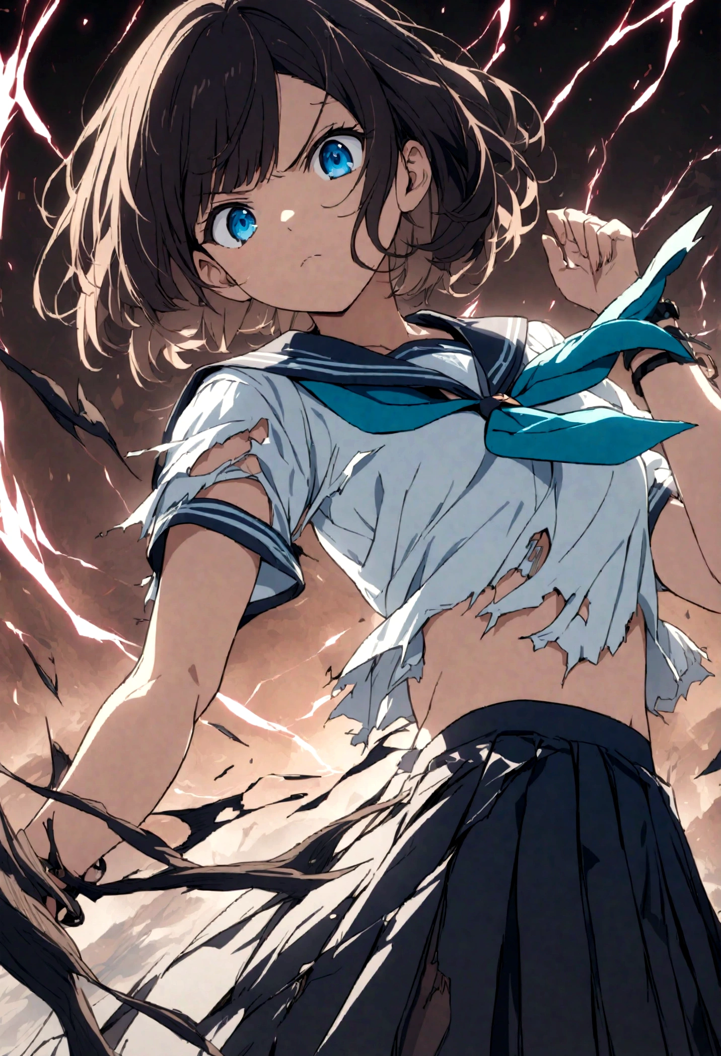 1girl, original, (solo:1.1), standing, raised fist,
surrounded by electricity, enveloped by electricity, dynamic scene,
cowboy shot,medium breasts, intricate dark brown hair, blue eyes,
(bob cut:1.1), (short hair:1.1), (blunt ends:1.2), blunt bangs,
left swept bangs, futuristic black bracelet on right wrist,
serious, determined, powerful, brave, dominant, v-shaped eyebrows,
serafuku, white sailor shirt, dark blue pleated skirt,
dark blue sailor collar, aqua neckerchief, short sleeves,
(torn clothes:1.2),.(torn shirt:1.1) showing the bra underneath,
(torn skirt), electricity, electricity on the bracelet,
glowing lines over body, lightning, (wind, whirlwind:1.2),
cinematic composition, epic composition, cinematic lighting,
outdoors, cinematic angle, great lighting, detailed shadows,
detailed body, anime artwork, anime style, key visual, vibrant,
studio anime, highly detailed, newest, late, anime coloring,
masterpiece, best quality, best aestethic,absurdres, 