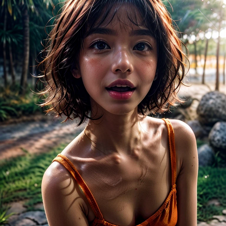 Extremely KAWAII Tiny girl、Tropical Beach、evening、Stroll along the beach、(Gazing at the colorful sunset)、(Orange rays illuminating face, close-up:1.7)、open_mouth, (((Extremely detailed NOGIZAKA face))), perfect anatomy, Childish, captivating gaze, elaborate detailed Eyes with (sparkling highlights:1.2), long eyelashes、Glossy RED Lips with beautiful details, Coquettish tongue, Rosy cheeks, (Radiant natural skin) with clear transparency . { (Dynamic joyful expressions) | :d) }, Random hair color .